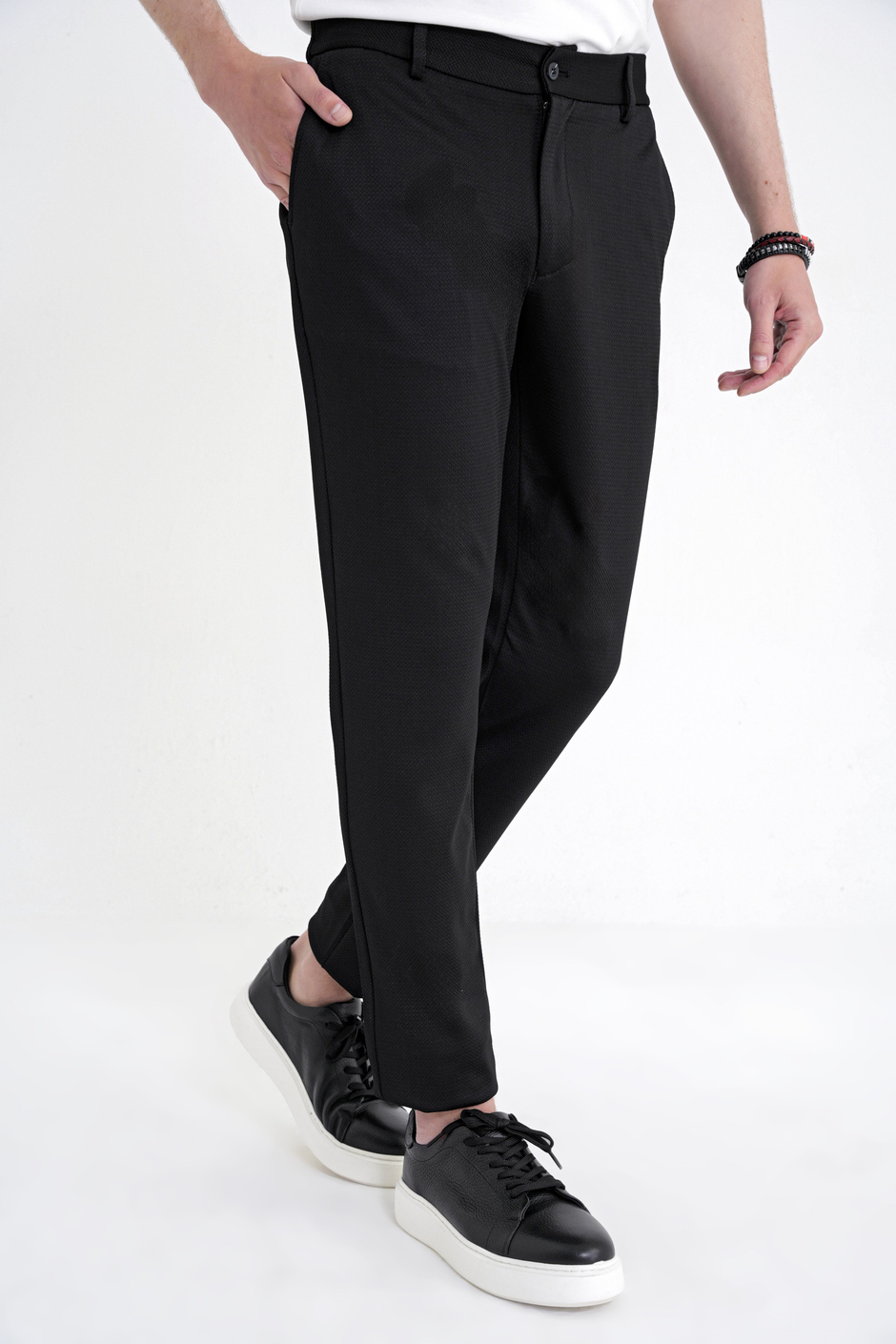 Comfort Fit Rahat Kalıp Beli Lastikli Armürlü Dokuma Esnek Pamuklu Siyah Jogger Pantolon P 1217