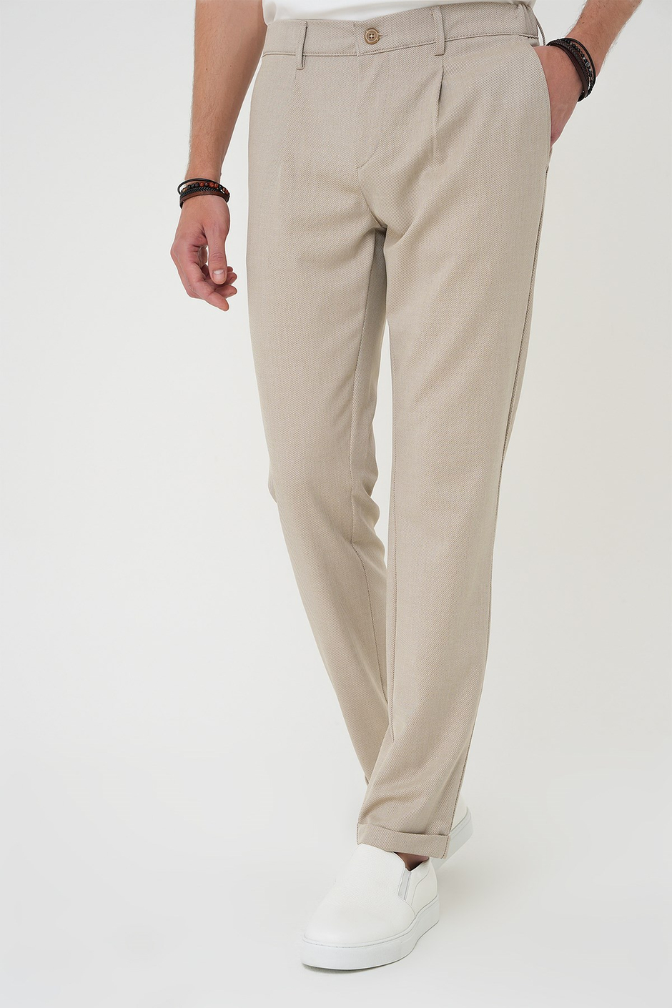 Comfort Fit Rahat Kalıp Beli Lastikli Pileli Bej Jogger Pantolon  P 1182