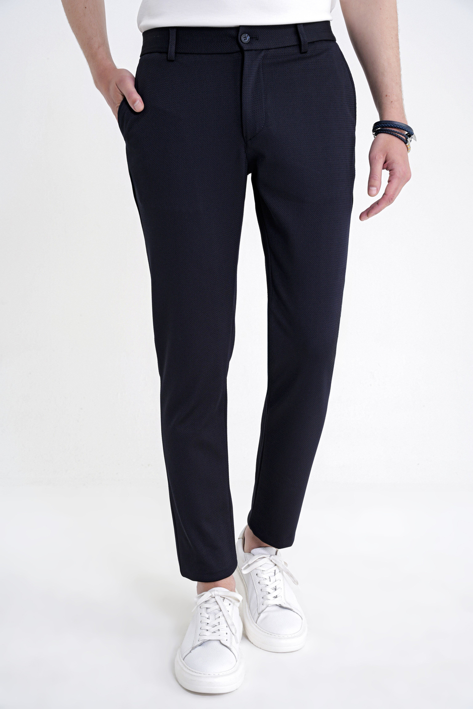 Comfort Fit Rahat Kalıp Beli Lastikli Armürlü Dokuma Esnek Pamuklu Lacivert Jogger Pantolon P 1217