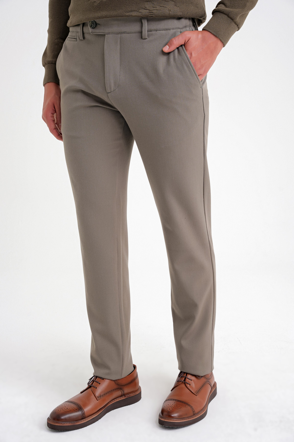Comfort Fit Rahat Kalıp Beli Lastikli Esnek Pamuklu Düz Haki Pantolon P 1200