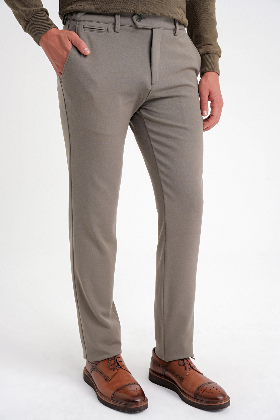 Comfort Fit Rahat Kalıp Beli Lastikli Esnek Pamuklu Düz Haki Pantolon P 1200