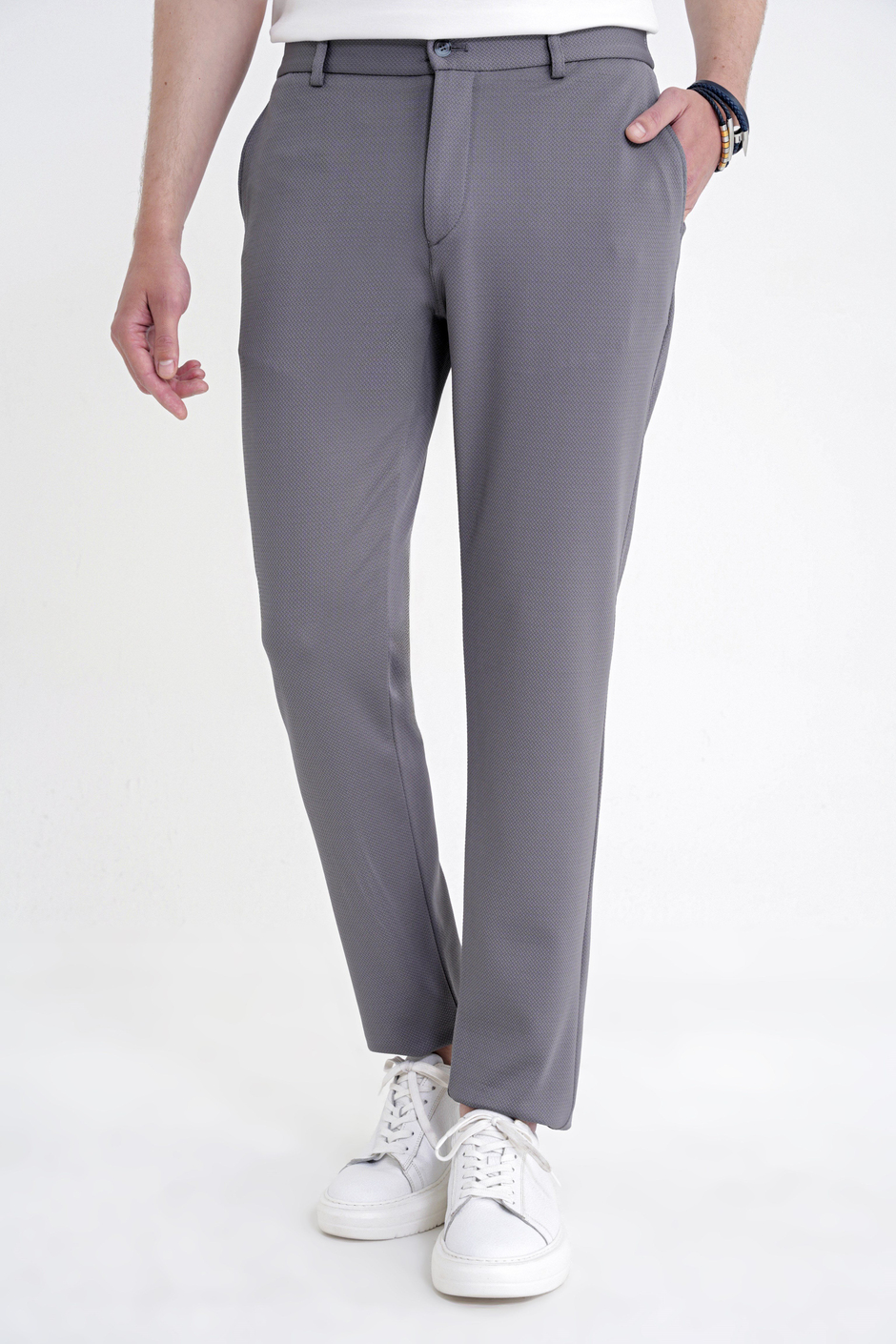 Comfort Fit Rahat Kalıp Beli Lastikli Armürlü Dokuma Esnek Pamuklu Gri Jogger Pantolon P 1217