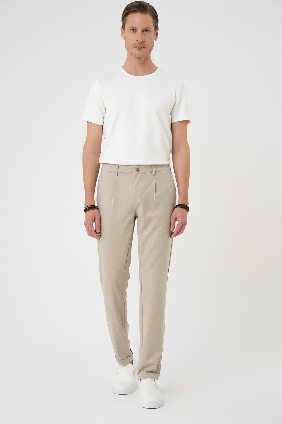 Comfort Fit Rahat Kalıp Beli Lastikli Pileli Bej Jogger Pantolon  P 1182