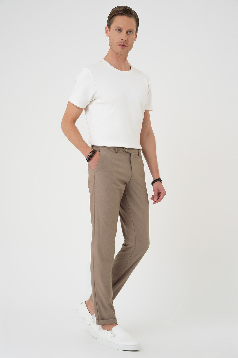 Comfort Fit Rahat Kalıp Beli Lastikli Dokulu Koyu Bej Jogger Pantolon  P 1186