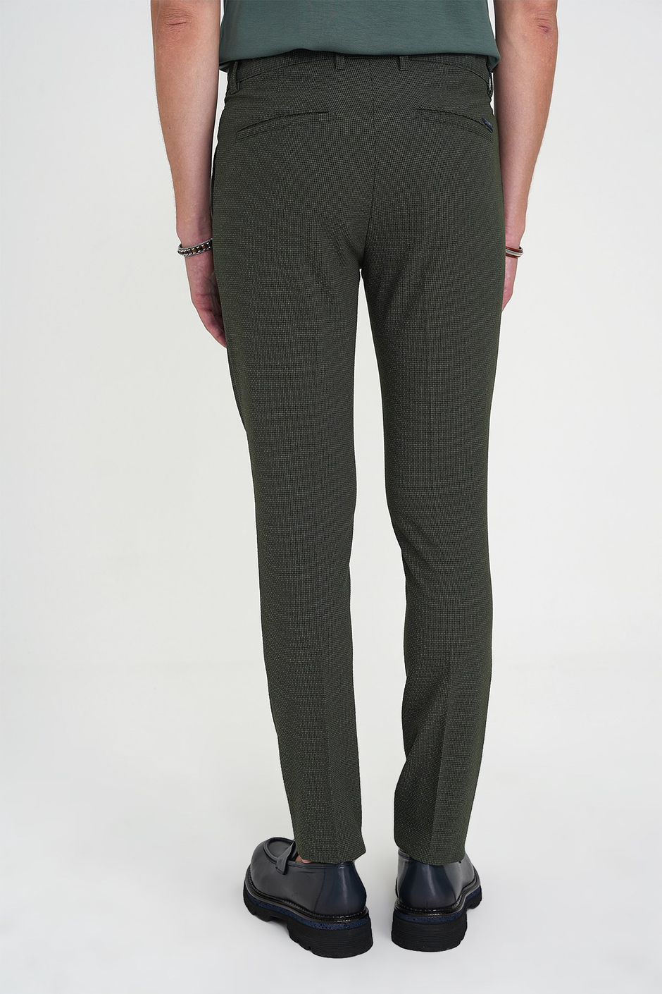 Comfort Fit Rahat Kalıp Beli Lastikli Tek Pileli Pötikare Dokulu Yeşil Pantolon P 1193