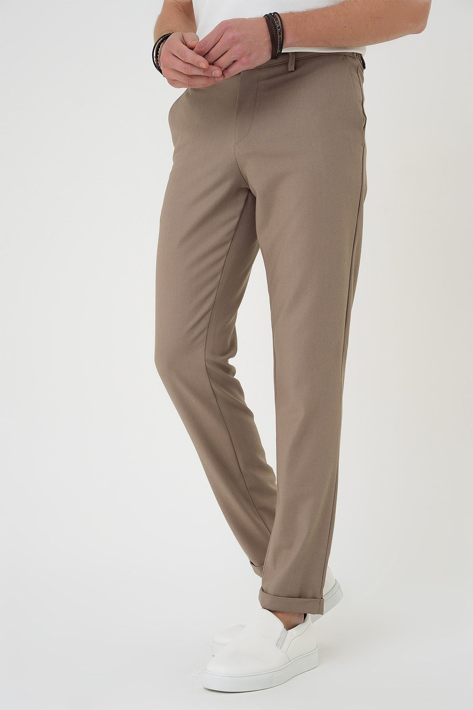 Comfort Fit Rahat Kalıp Beli Lastikli Dokulu Koyu Bej Jogger Pantolon  P 1186