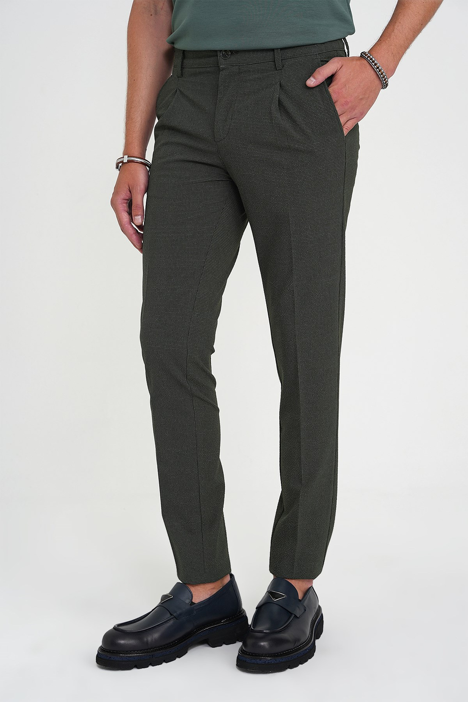 Comfort Fit Rahat Kalıp Beli Lastikli Tek Pileli Pötikare Dokulu Yeşil Pantolon P 1193