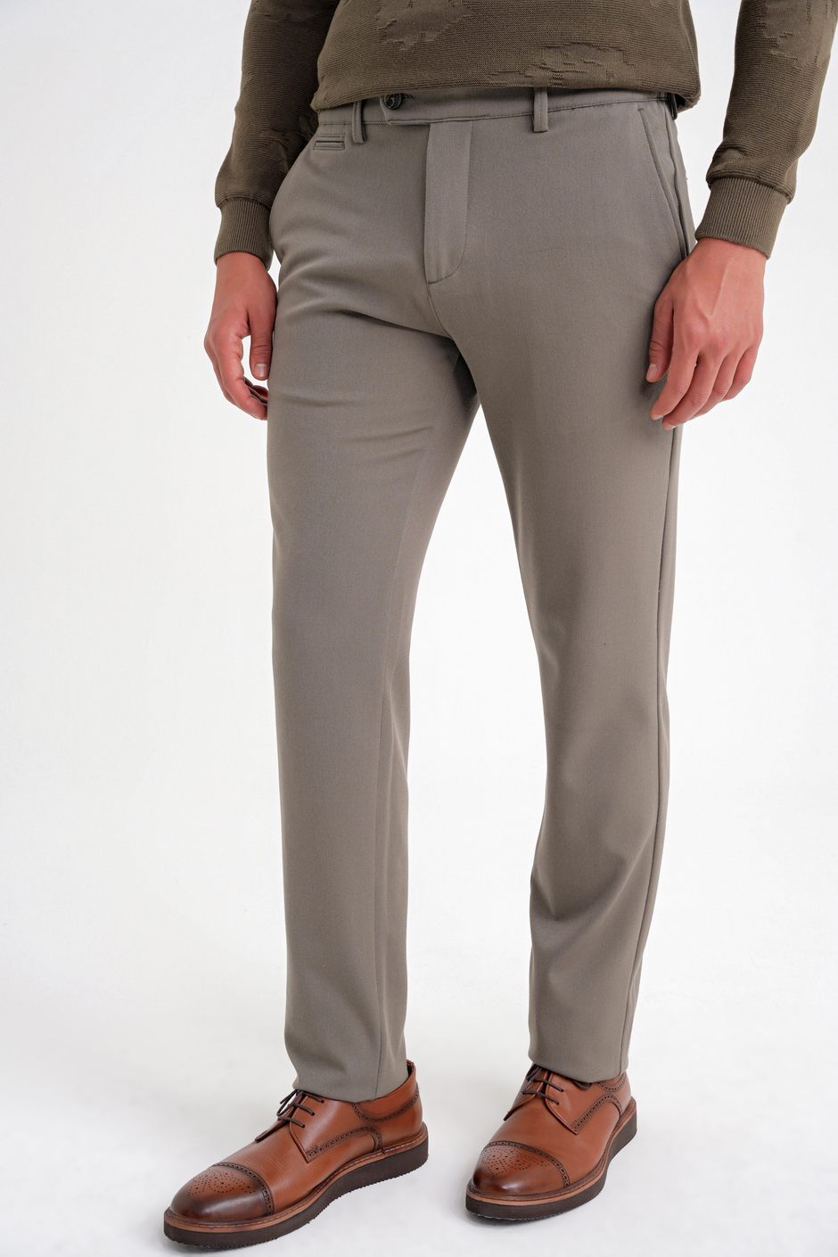 Comfort Fit Rahat Kalıp Beli Lastikli Esnek Pamuklu Düz Haki Pantolon P 1200