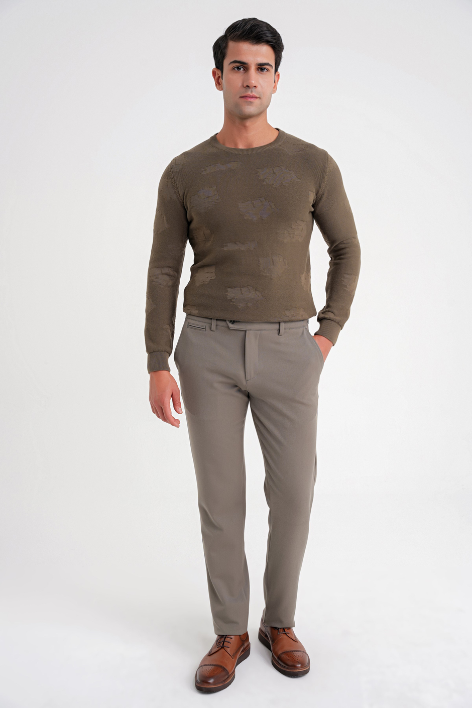 Comfort Fit Rahat Kalıp Beli Lastikli Esnek Pamuklu Düz Haki Pantolon P 1200