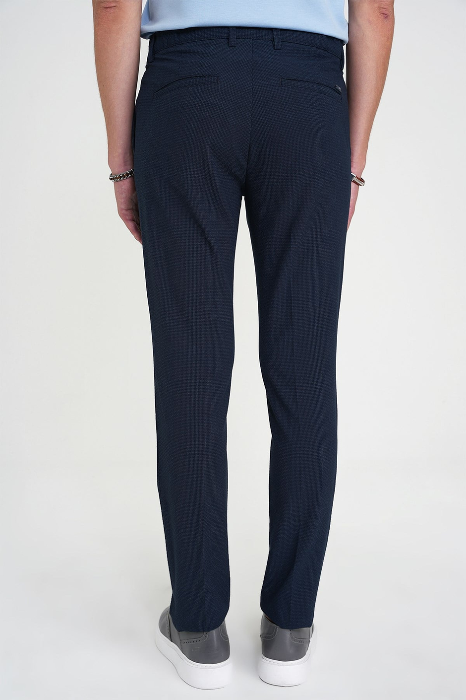 Comfort Fit Rahat Kalıp Beli Lastikli Tek Pileli Pötikare Dokulu Lacivert Pantolon P 1193