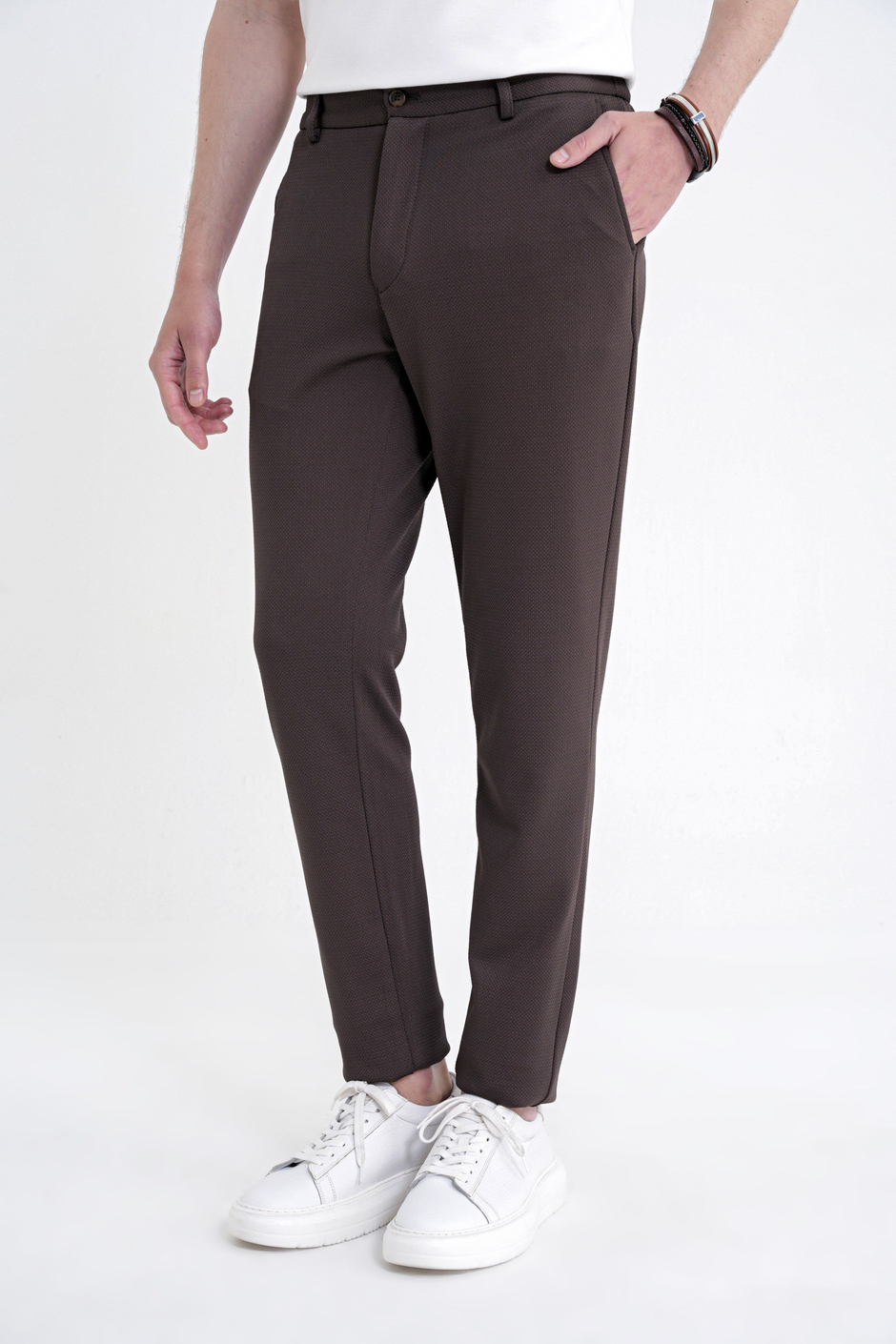 Comfort Fit Rahat Kalıp Beli Lastikli Armürlü Dokuma Esnek Pamuklu Kahverengi Jogger Pantolon P 1217
