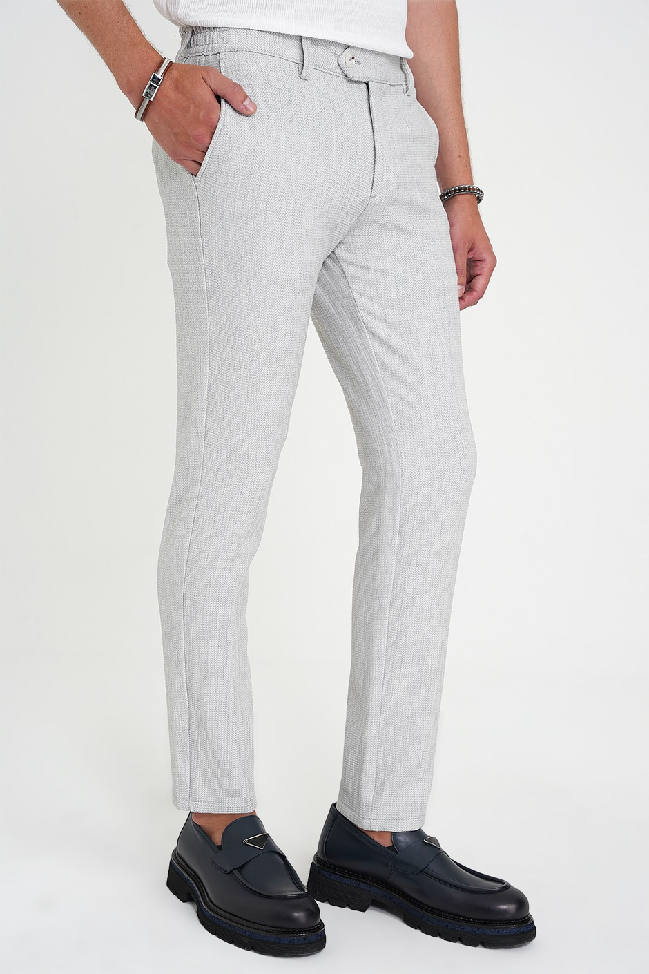Comfort Fit Rahat Kalıp Beli Lastikli Balıksırtı Desen Açık Gri Pantolon P 1175