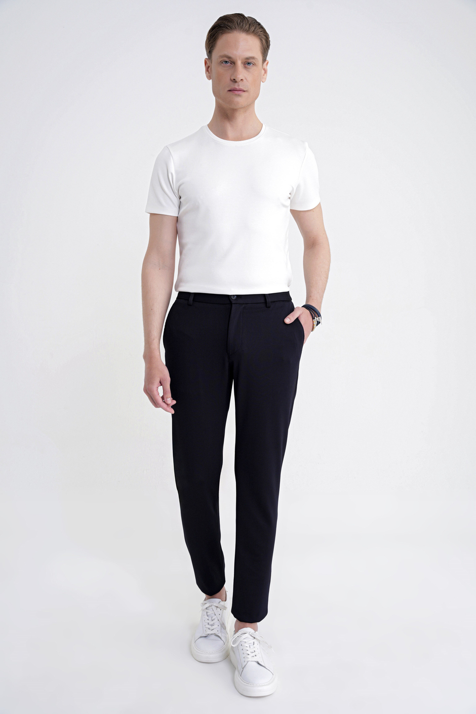 Comfort Fit Rahat Kalıp Beli Lastikli Armürlü Dokuma Esnek Pamuklu Lacivert Jogger Pantolon P 1217