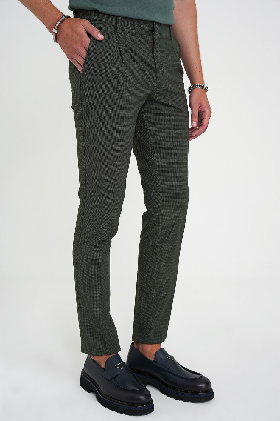 Comfort Fit Rahat Kalıp Beli Lastikli Tek Pileli Pötikare Dokulu Yeşil Pantolon P 1193