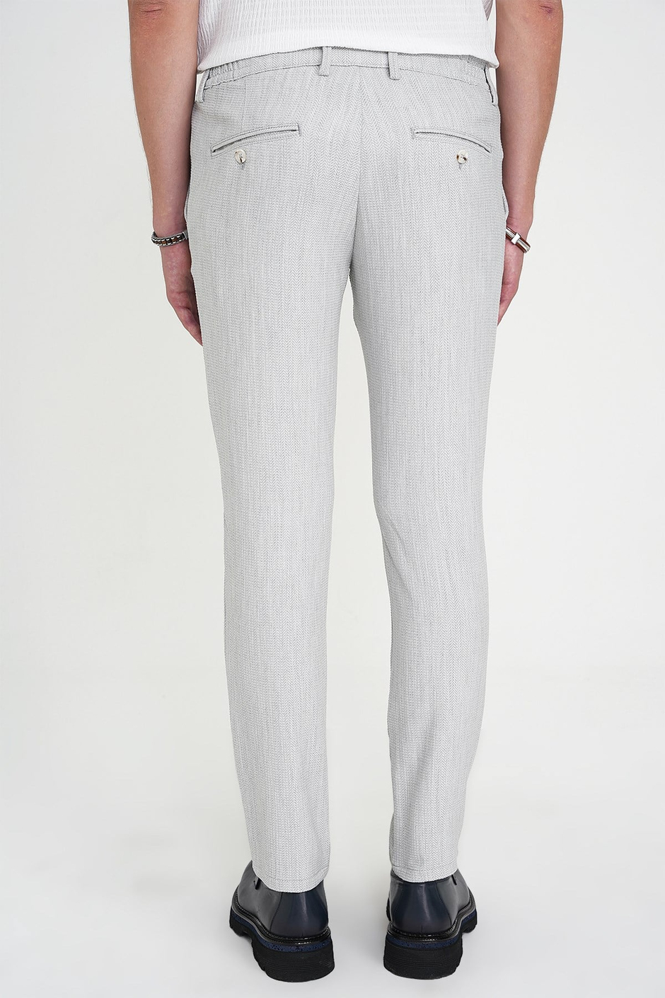Comfort Fit Rahat Kalıp Beli Lastikli Balıksırtı Desen Açık Gri Pantolon P 1175