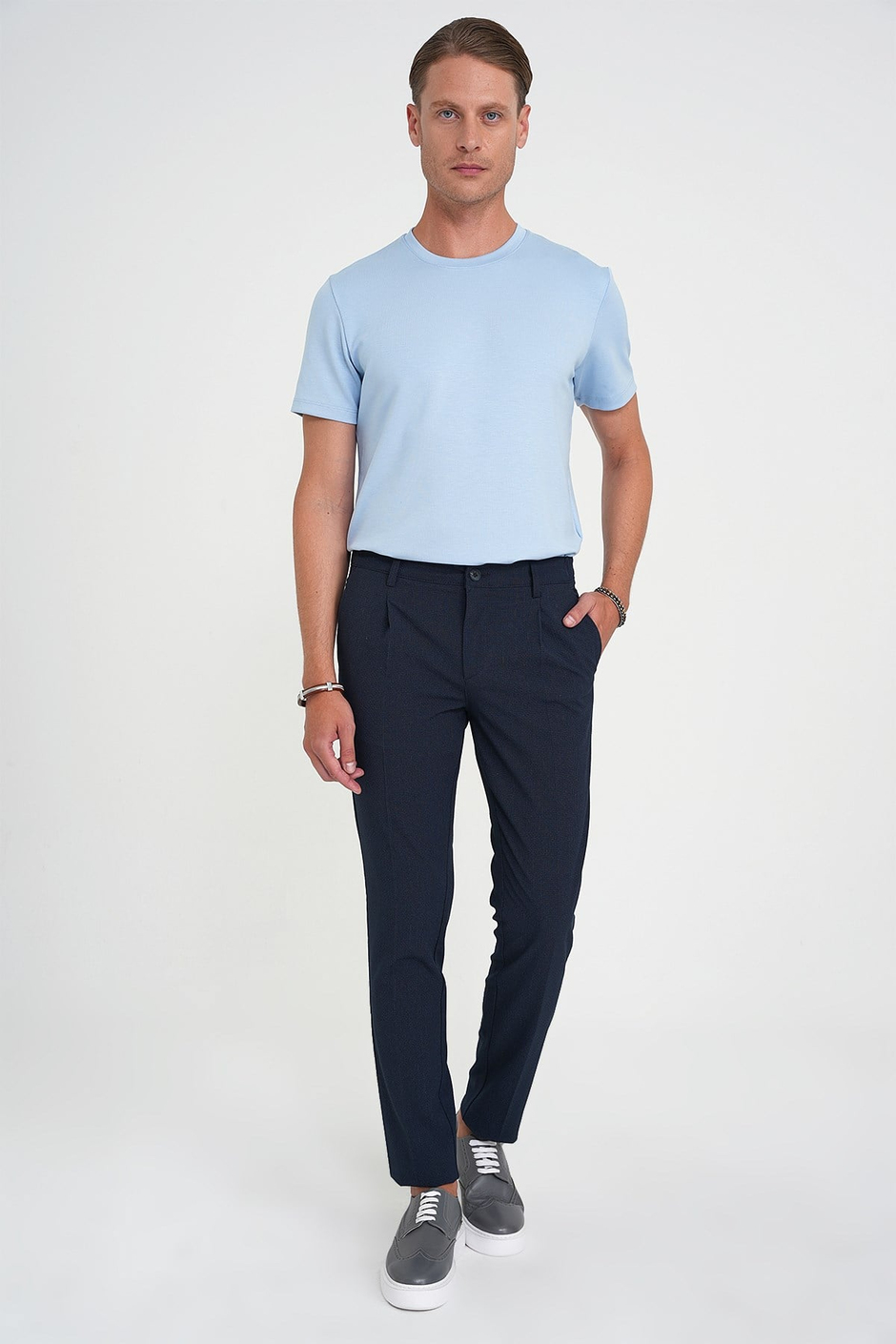 Comfort Fit Rahat Kalıp Beli Lastikli Tek Pileli Pötikare Dokulu Lacivert Pantolon P 1193