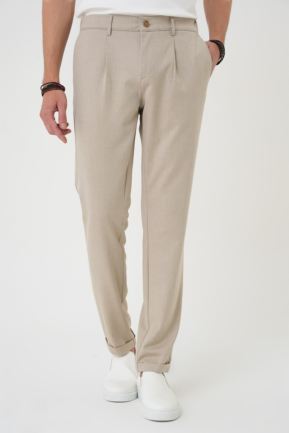 Comfort Fit Rahat Kalıp Beli Lastikli Pileli Bej Jogger Pantolon  P 1182