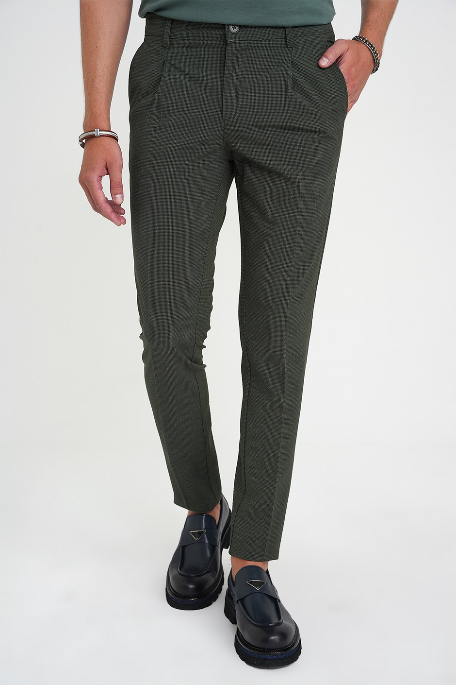 Comfort Fit Rahat Kalıp Beli Lastikli Tek Pileli Pötikare Dokulu Yeşil Pantolon P 1193
