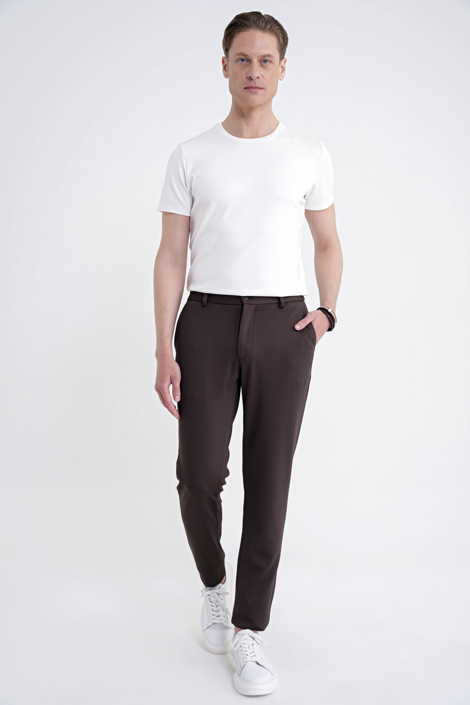 Comfort Fit Rahat Kalıp Beli Lastikli Armürlü Dokuma Esnek Pamuklu Kahverengi Jogger Pantolon P 1217
