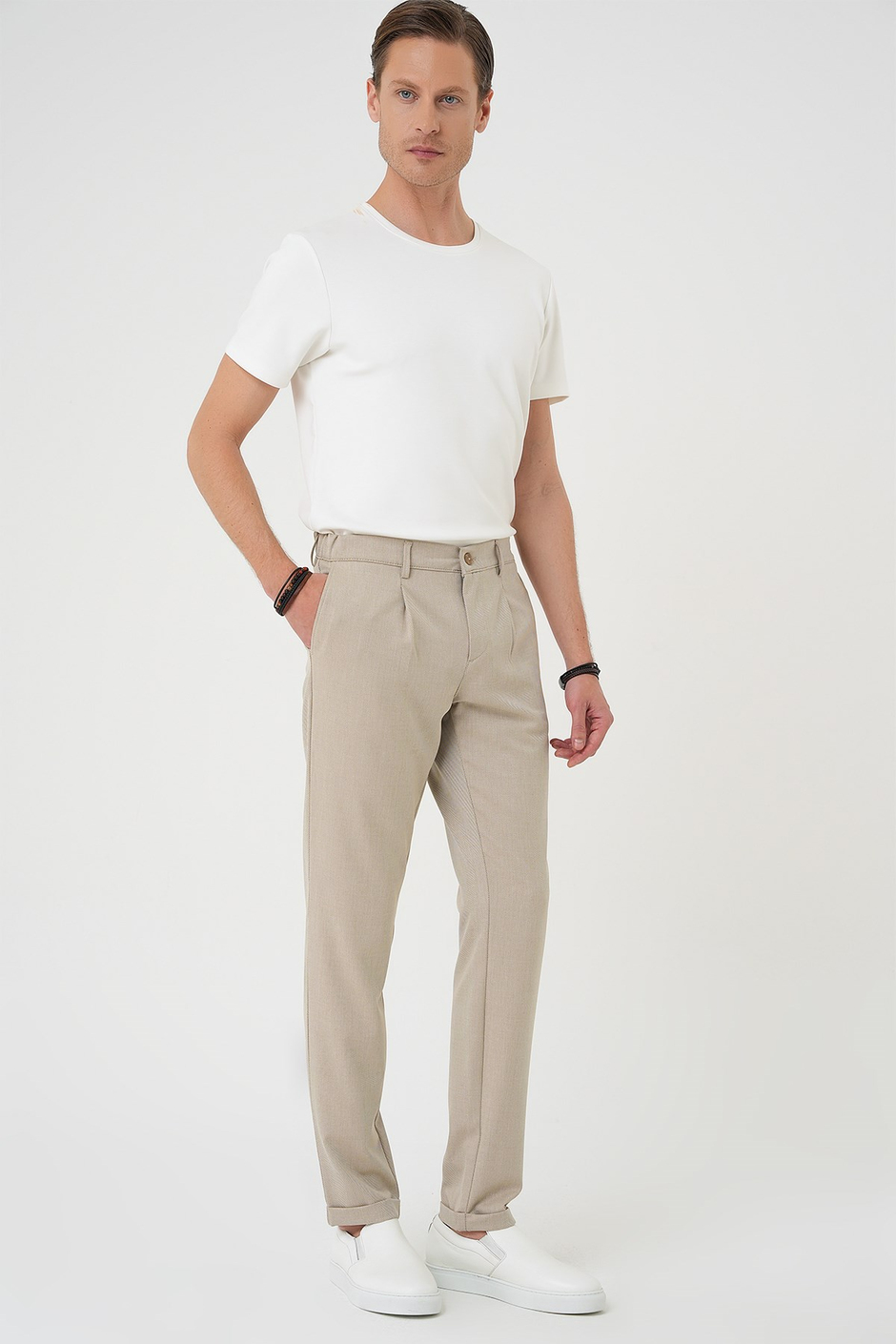 Comfort Fit Rahat Kalıp Beli Lastikli Pileli Bej Jogger Pantolon  P 1182