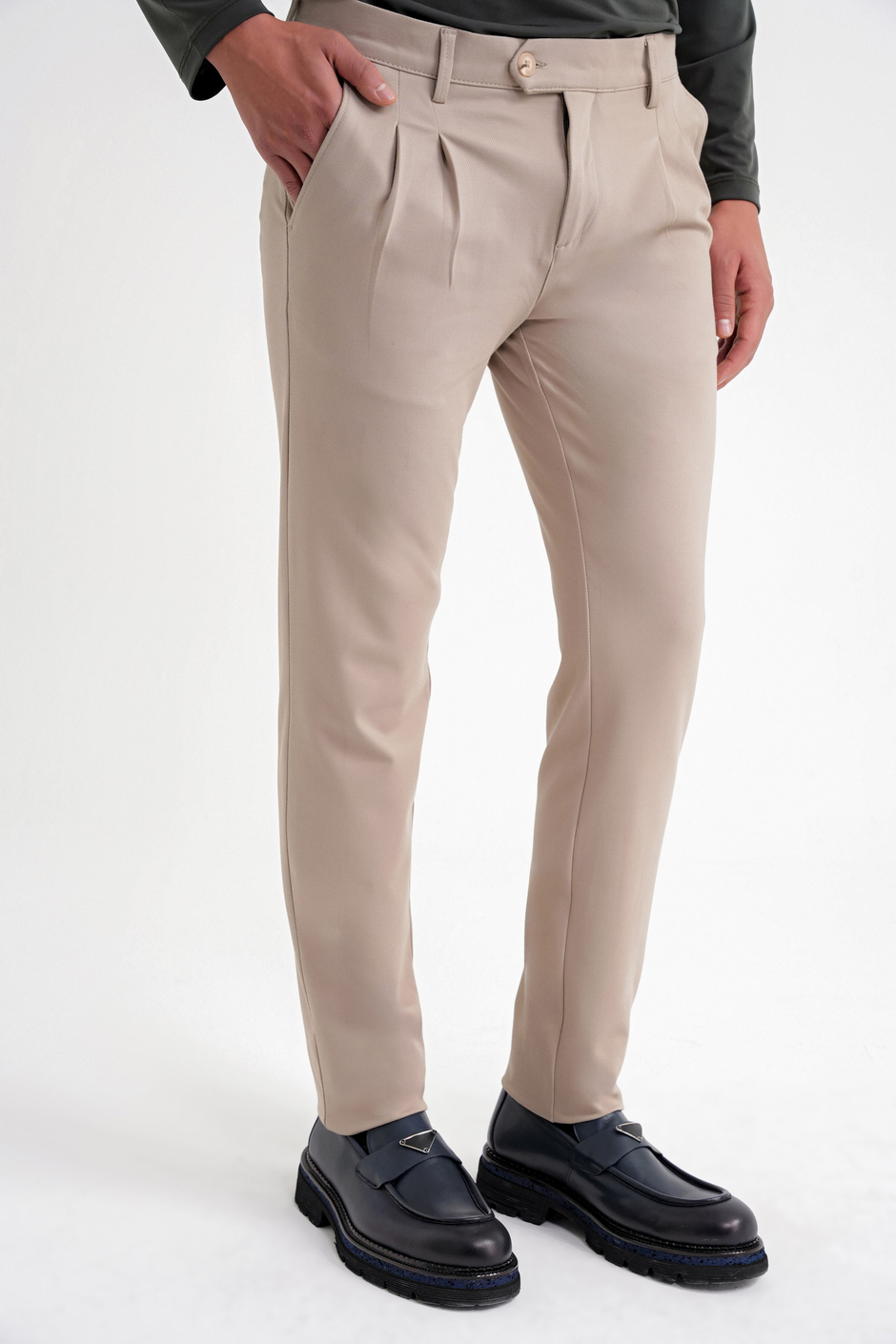 Comfort Fit Rahat Kalıp Çift Pileli Yan Cepli Esnek Pamuklu Bej Pantolon P 1202
