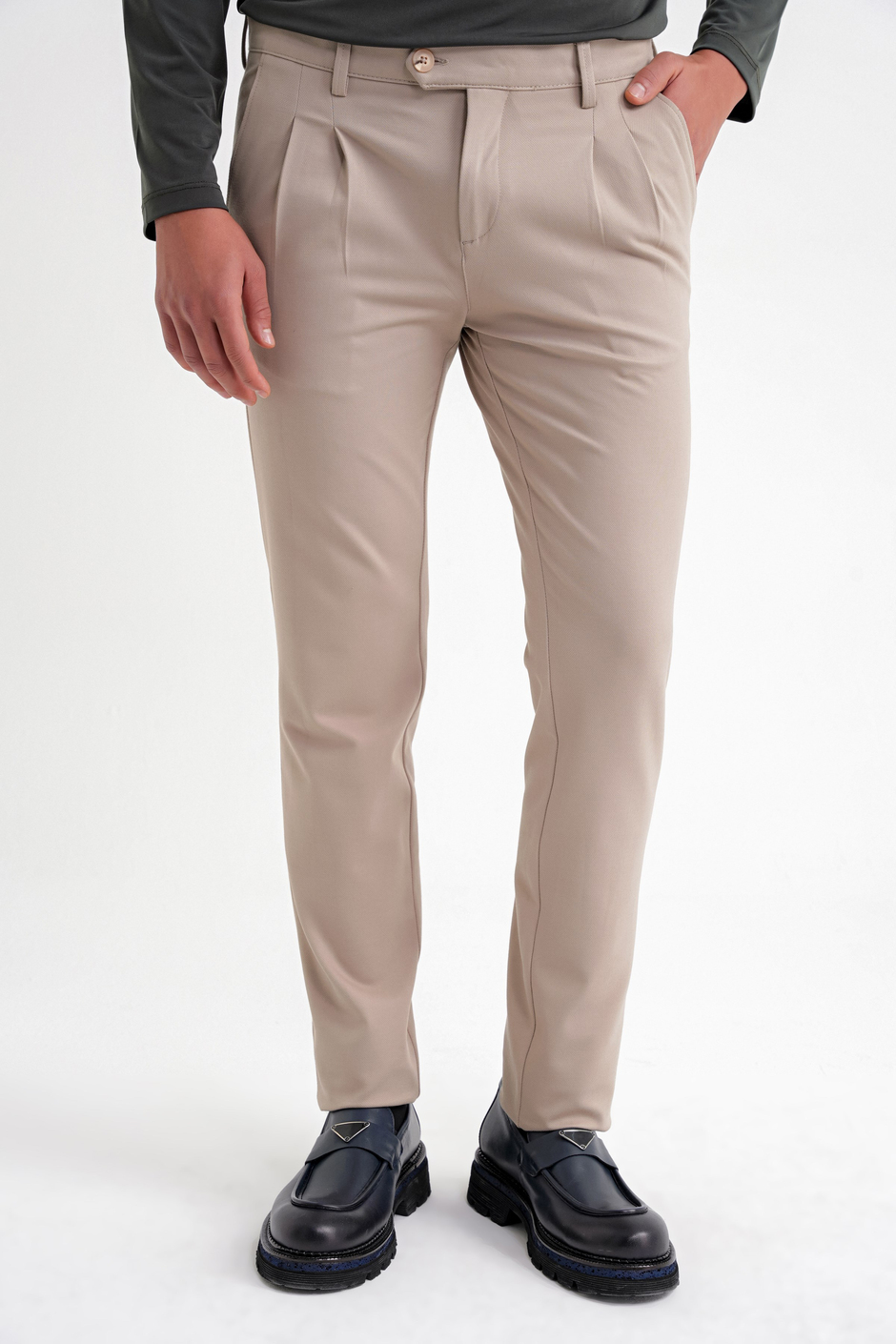 Comfort Fit Rahat Kalıp Çift Pileli Yan Cepli Esnek Pamuklu Bej Pantolon P 1202