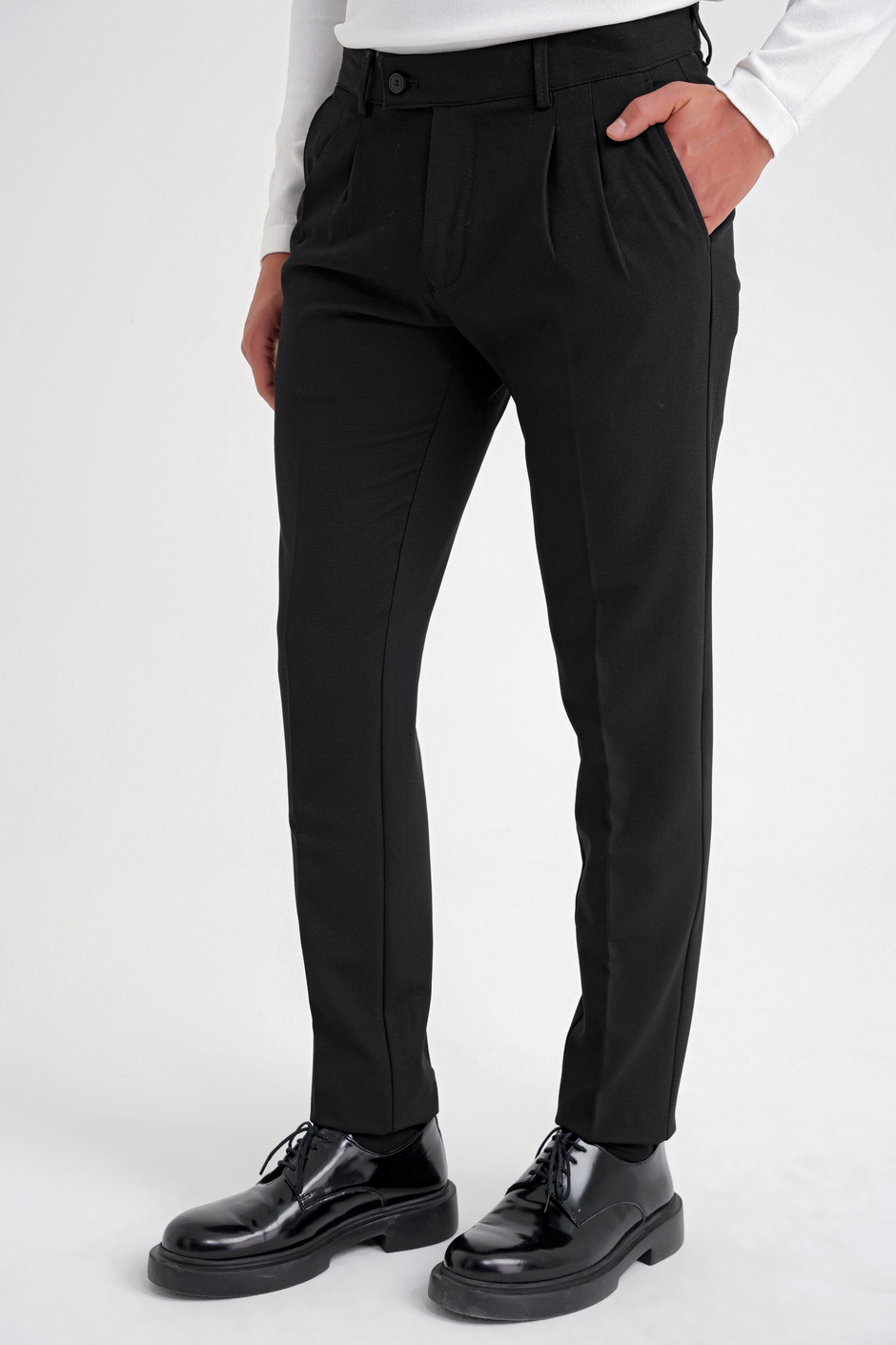 Comfort Fit Rahat Kalıp Çift Pileli Yan Cepli Esnek Yünlü Siyah Pantolon P 1205