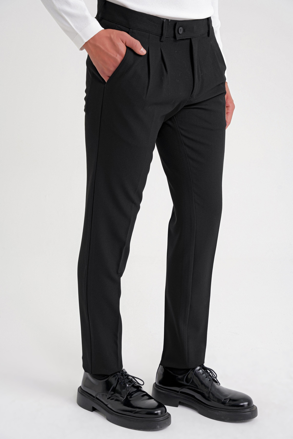 Comfort Fit Rahat Kalıp Çift Pileli Yan Cepli Esnek Yünlü Siyah Pantolon P 1205