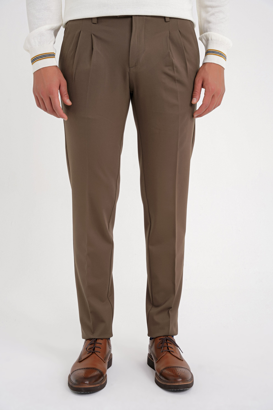 Comfort Fit Rahat Kalıp Çift Pileli Yan Cepli Esnek Pamuklu Tütün Pantolon P 1202