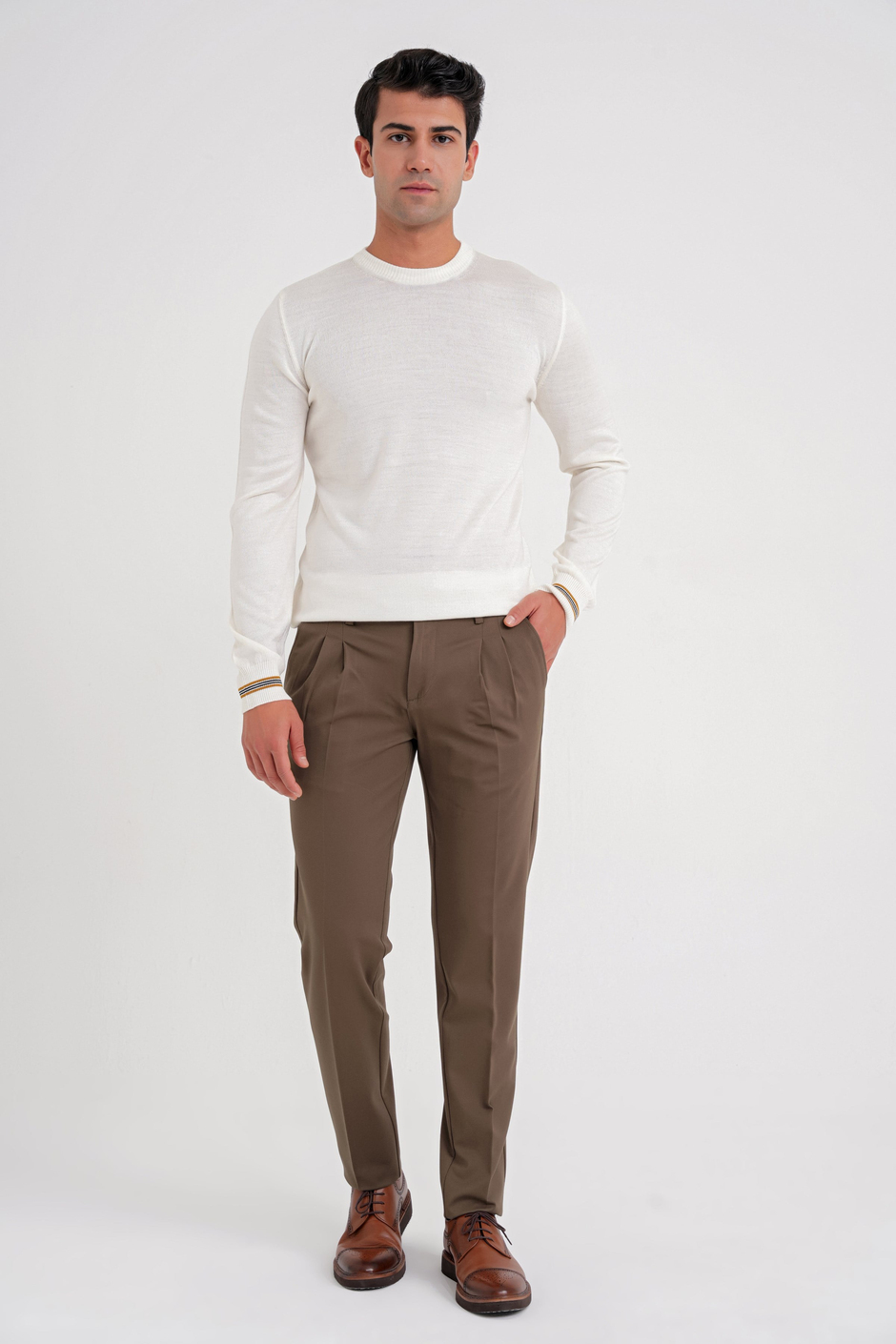 Comfort Fit Rahat Kalıp Çift Pileli Yan Cepli Esnek Pamuklu Tütün Pantolon P 1202