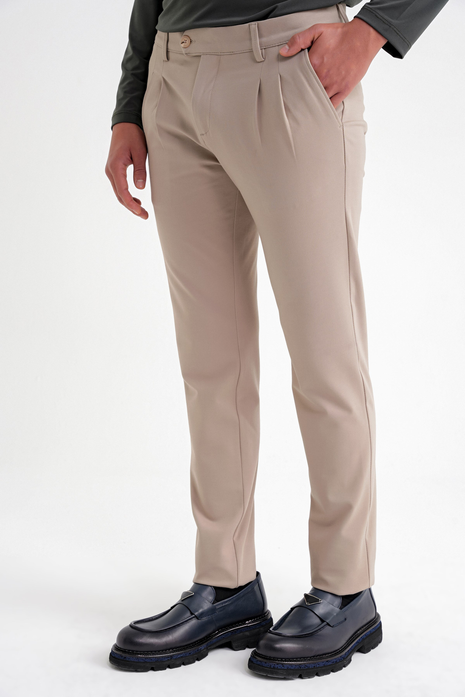 Comfort Fit Rahat Kalıp Çift Pileli Yan Cepli Esnek Pamuklu Bej Pantolon P 1202