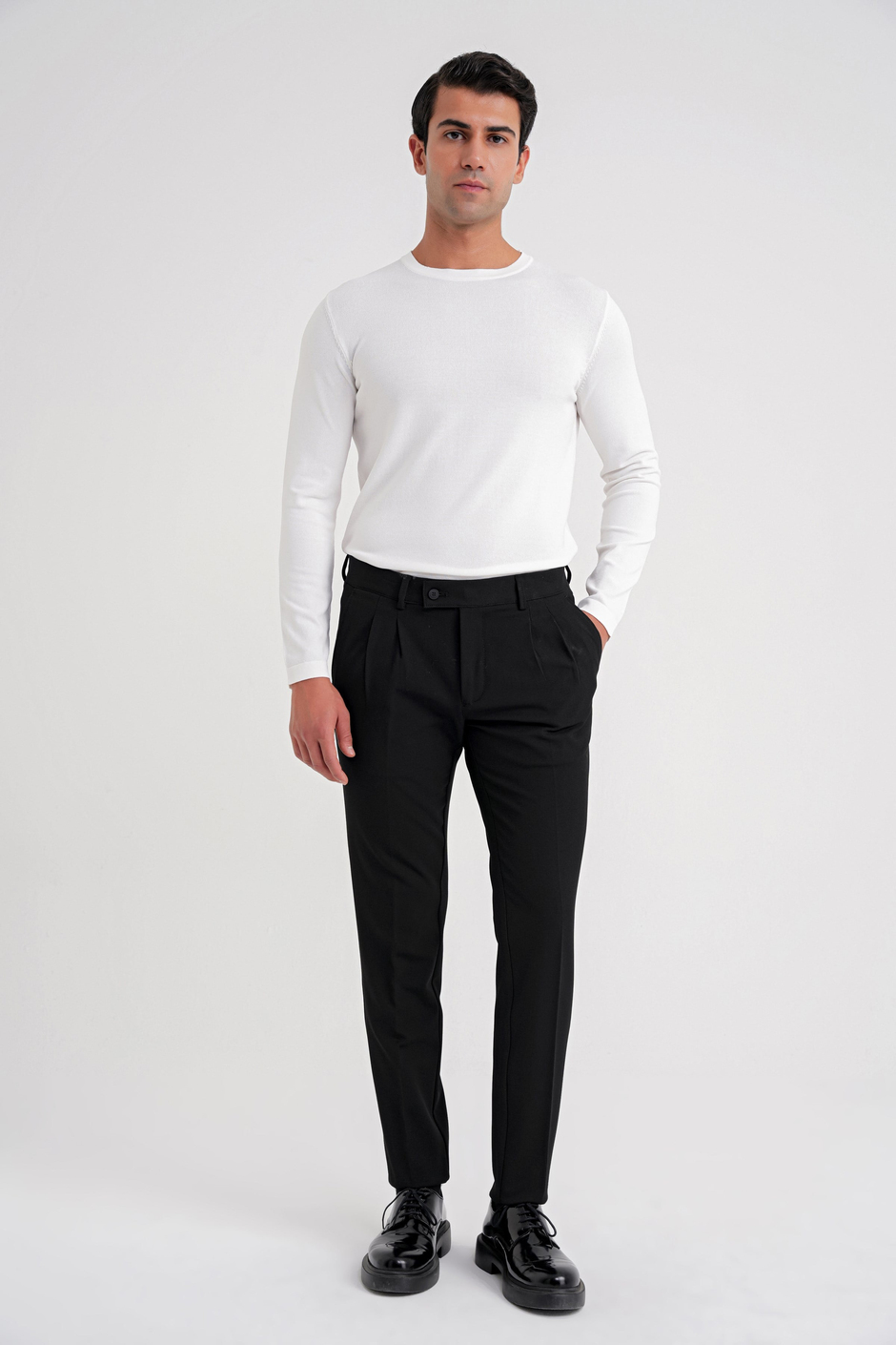 Comfort Fit Rahat Kalıp Çift Pileli Yan Cepli Esnek Yünlü Siyah Pantolon P 1205