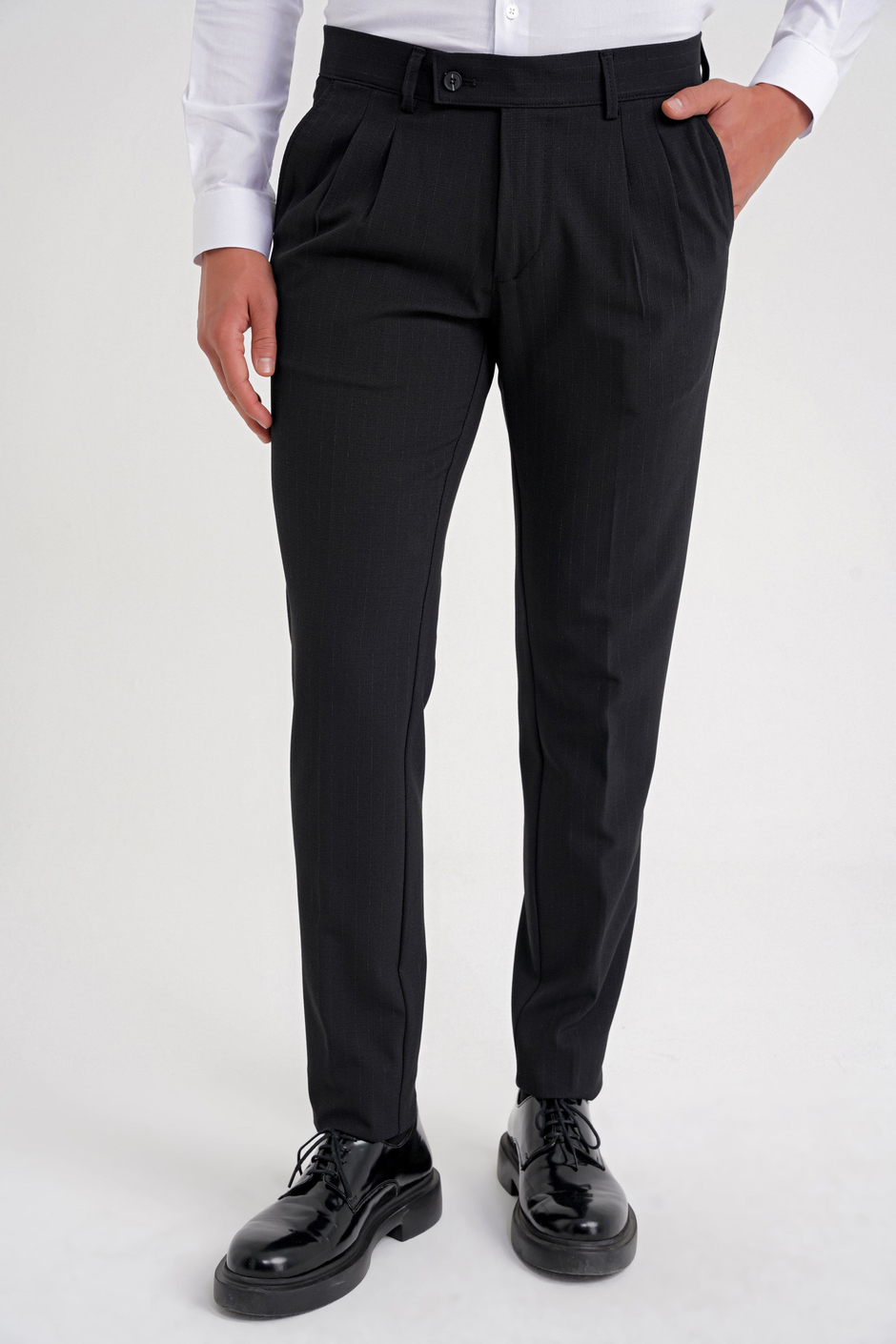 Comfort Fit Rahat Kalıp Çift Pileli Yan Cepli Esnek Yünlü Çizgili Siyah Pantolon P 1204