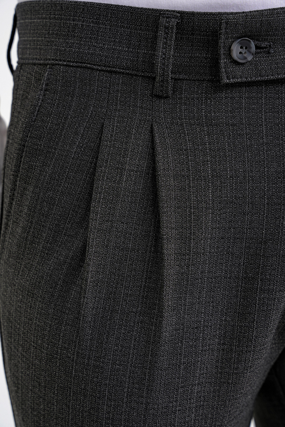Comfort Fit Rahat Kalıp Çift Pileli Yan Cepli Esnek Yünlü Çizgili Füme Pantolon P 1204