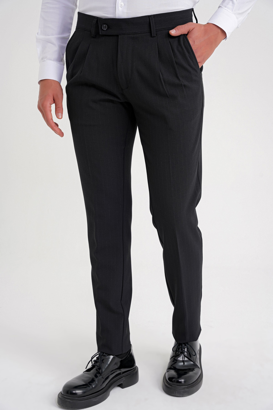 Comfort Fit Rahat Kalıp Çift Pileli Yan Cepli Esnek Yünlü Çizgili Siyah Pantolon P 1204