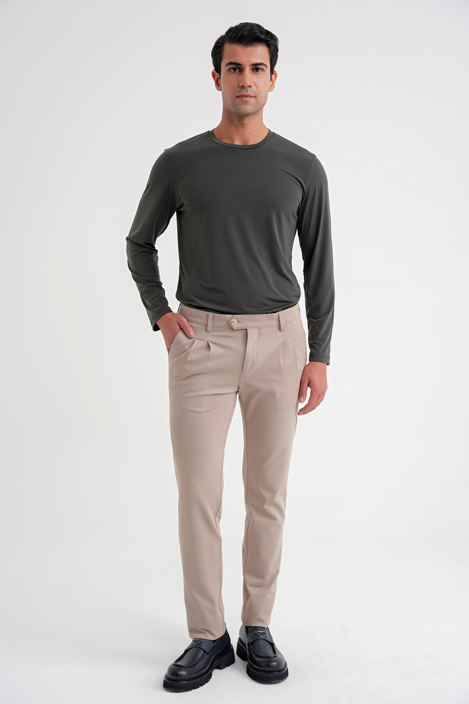 Comfort Fit Rahat Kalıp Çift Pileli Yan Cepli Esnek Pamuklu Bej Pantolon P 1202