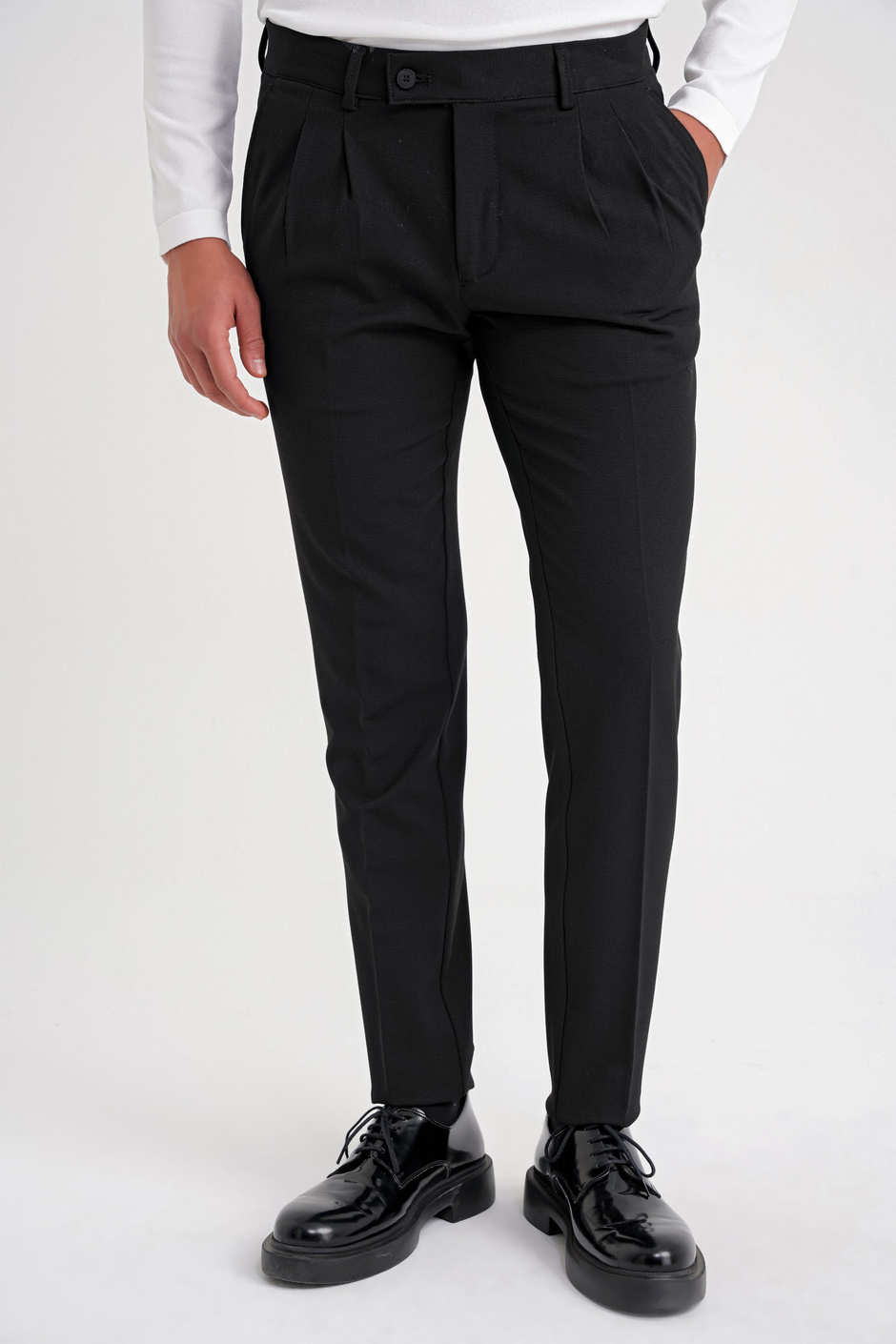 Comfort Fit Rahat Kalıp Çift Pileli Yan Cepli Esnek Yünlü Siyah Pantolon P 1205