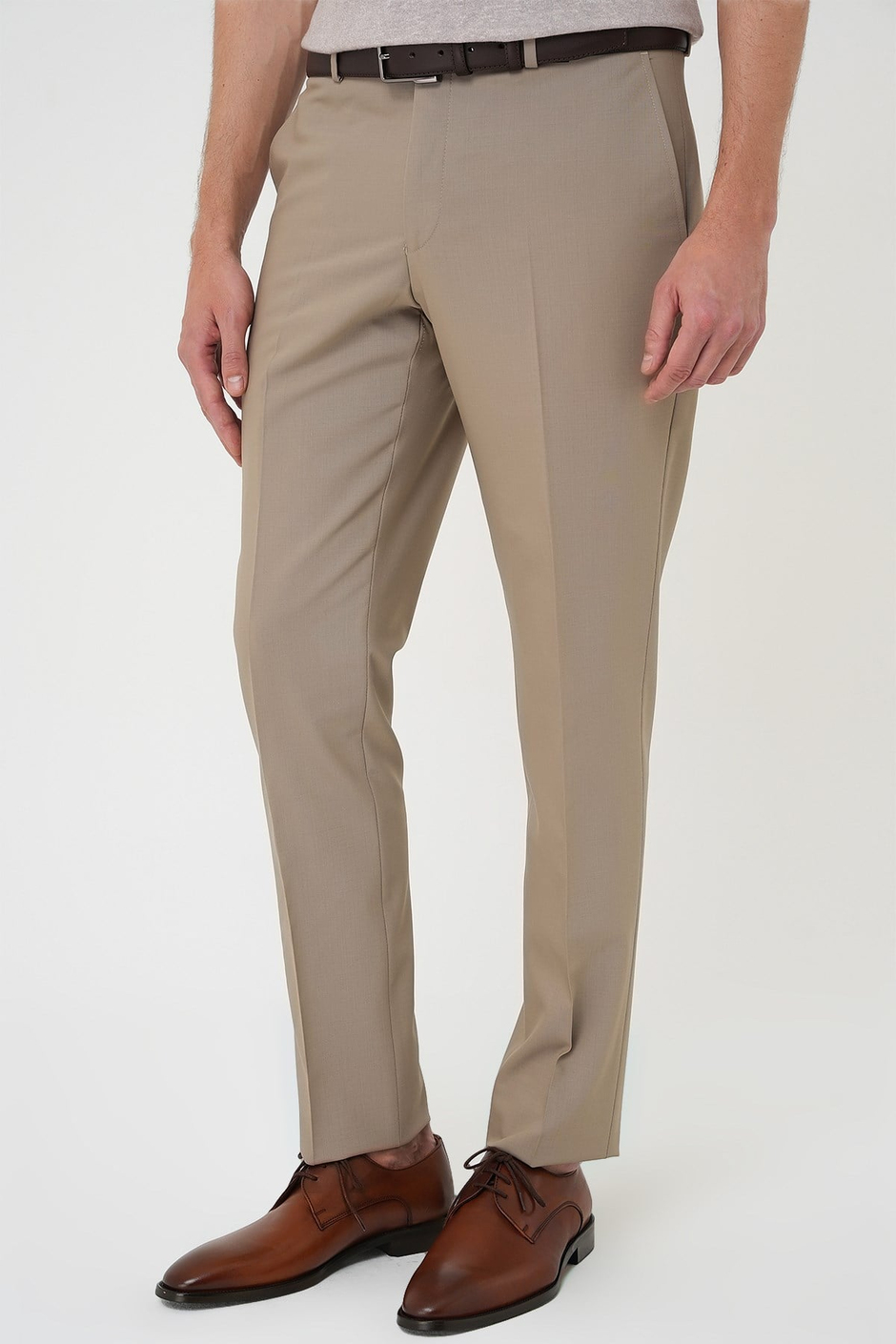 Comfort Fit Rahat Kalıp Esnek %97 Yün Klasik Düz Bej Kumaş Pantolon P 1191