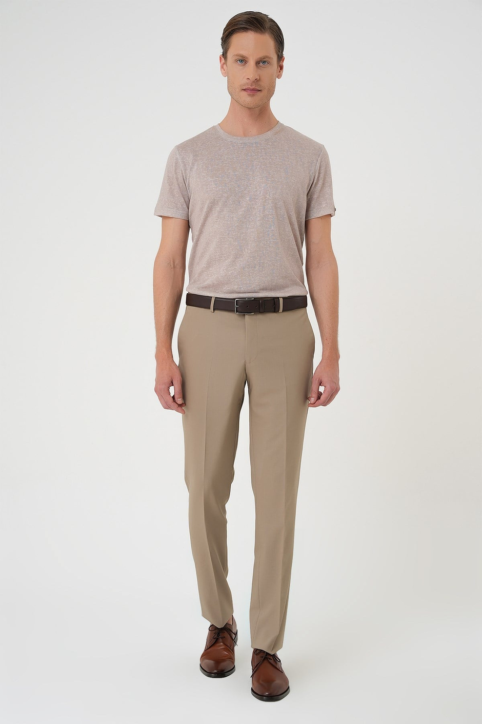 Comfort Fit Rahat Kalıp Esnek %97 Yün Klasik Düz Bej Kumaş Pantolon P 1191