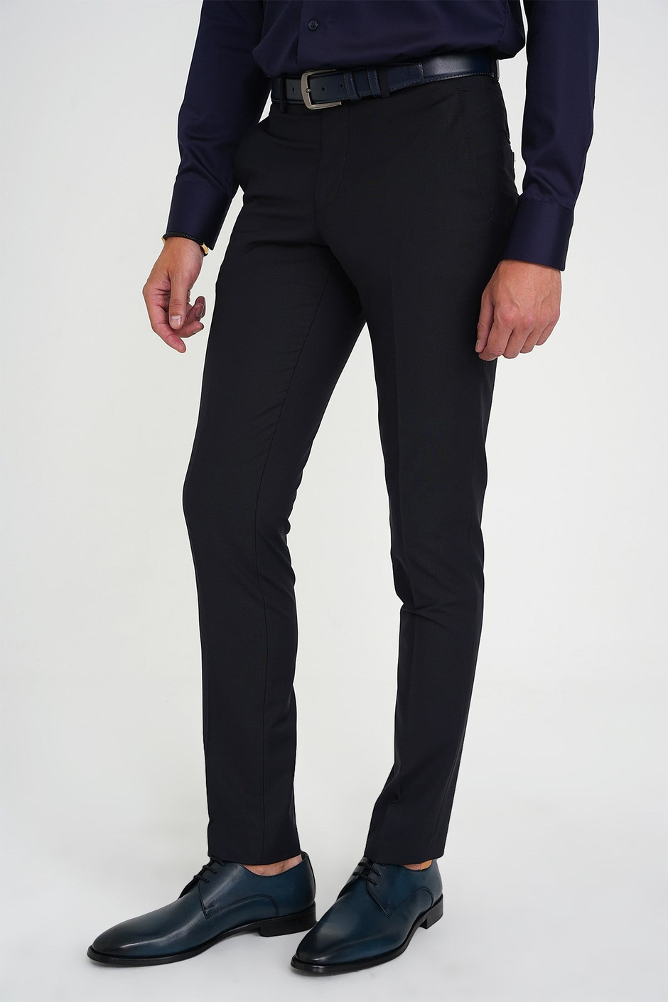Comfort Fit Rahat Kalıp Esnek %97 Yün Klasik Düz Lacivert Kumaş Pantolon P 1191