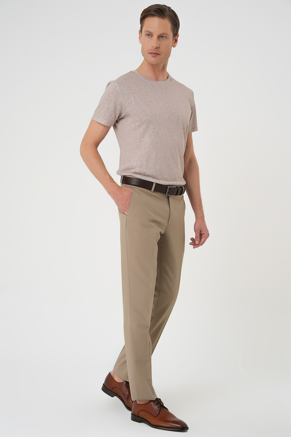 Comfort Fit Rahat Kalıp Esnek %97 Yün Klasik Düz Bej Kumaş Pantolon P 1191