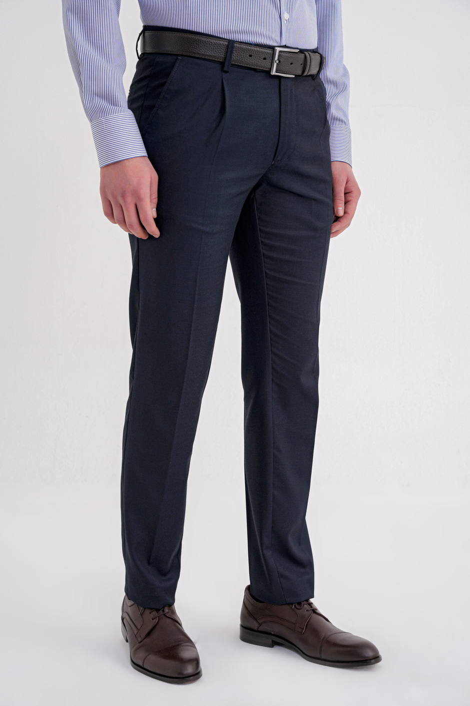 Comfort Fit Rahat Kalıp Esnek Yünlü Pileli Lacivert Kumaş Pantolon P 1210