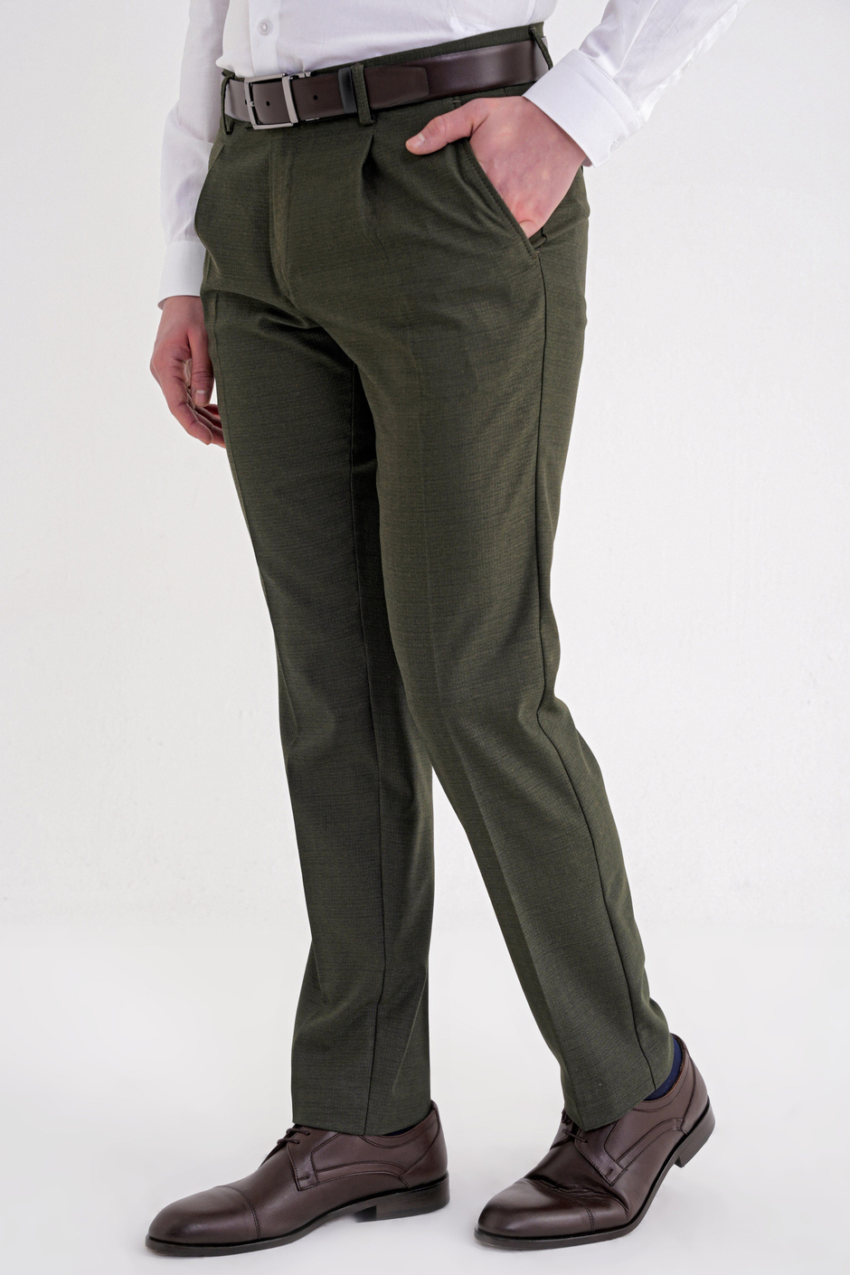 Comfort Fit Rahat Kalıp Esnek Yünlü Pileli Haki Kumaş Pantolon P 1210