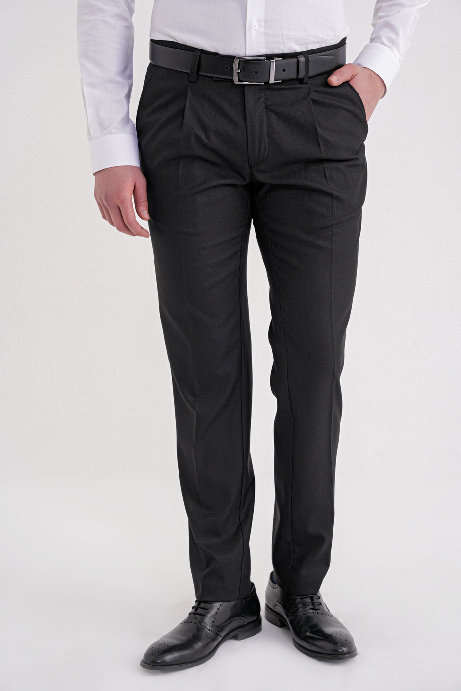 Comfort Fit Rahat Kalıp Esnek Yünlü Pileli Siyah Kumaş Pantolon P 1210