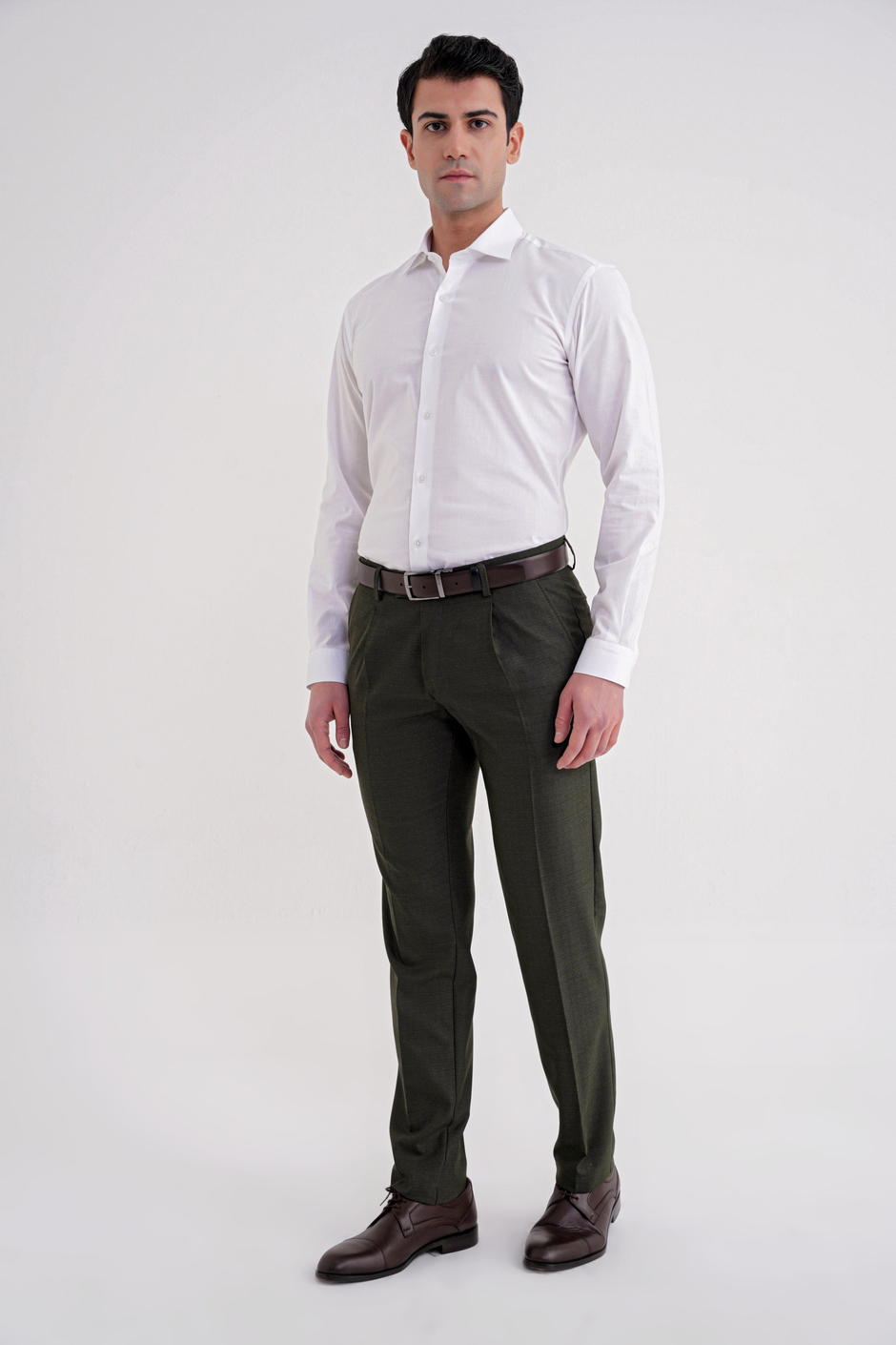 Comfort Fit Rahat Kalıp Esnek Yünlü Pileli Haki Kumaş Pantolon P 1210