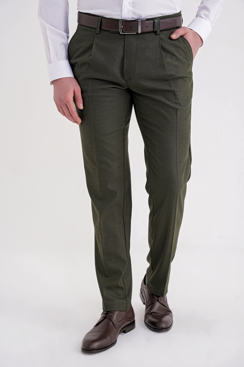 Comfort Fit Rahat Kalıp Esnek Yünlü Pileli Haki Kumaş Pantolon P 1210