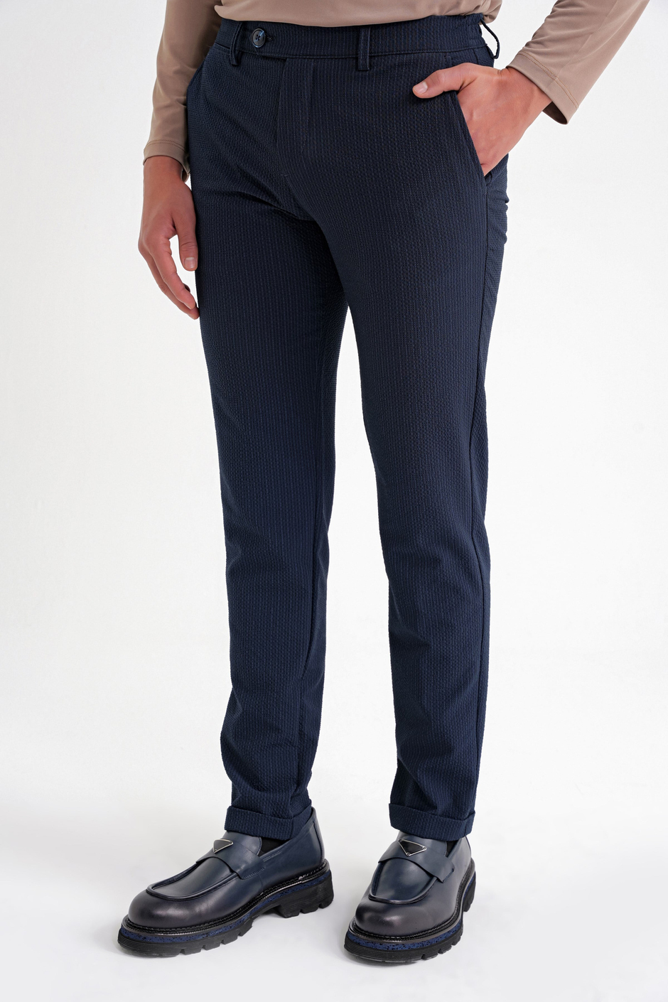 Comfort Fit Rahat Kalıp Gofre Dokulu Beli Lastikli Çizgili Koyu Lacivert Jogger Pantolon P 1177