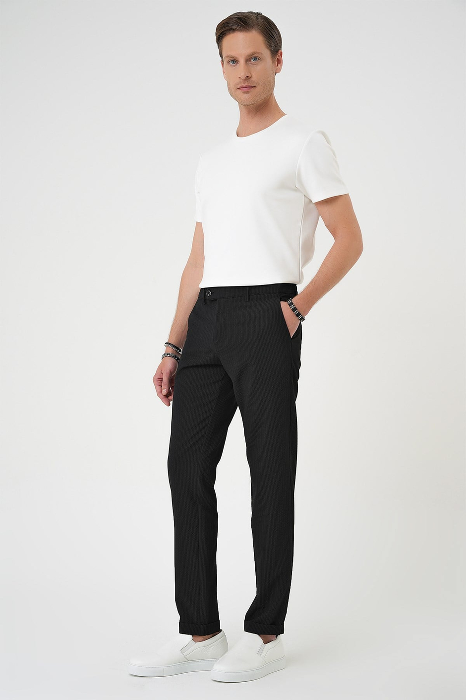 Comfort Fit Rahat Kalıp Gofre Dokulu Beli Lastikli Çizgili Siyah Jogger Pantolon P 1177