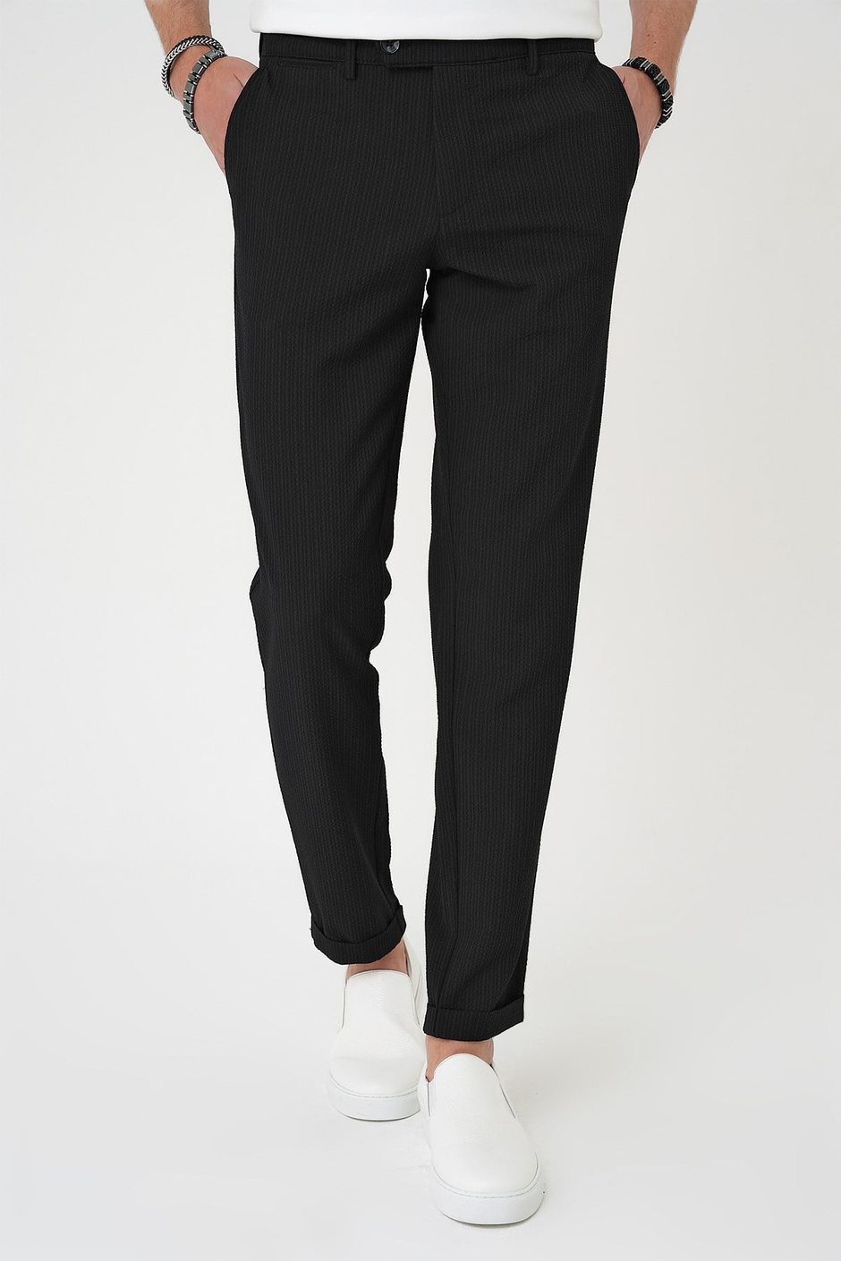Comfort Fit Rahat Kalıp Gofre Dokulu Beli Lastikli Çizgili Siyah Jogger Pantolon P 1177