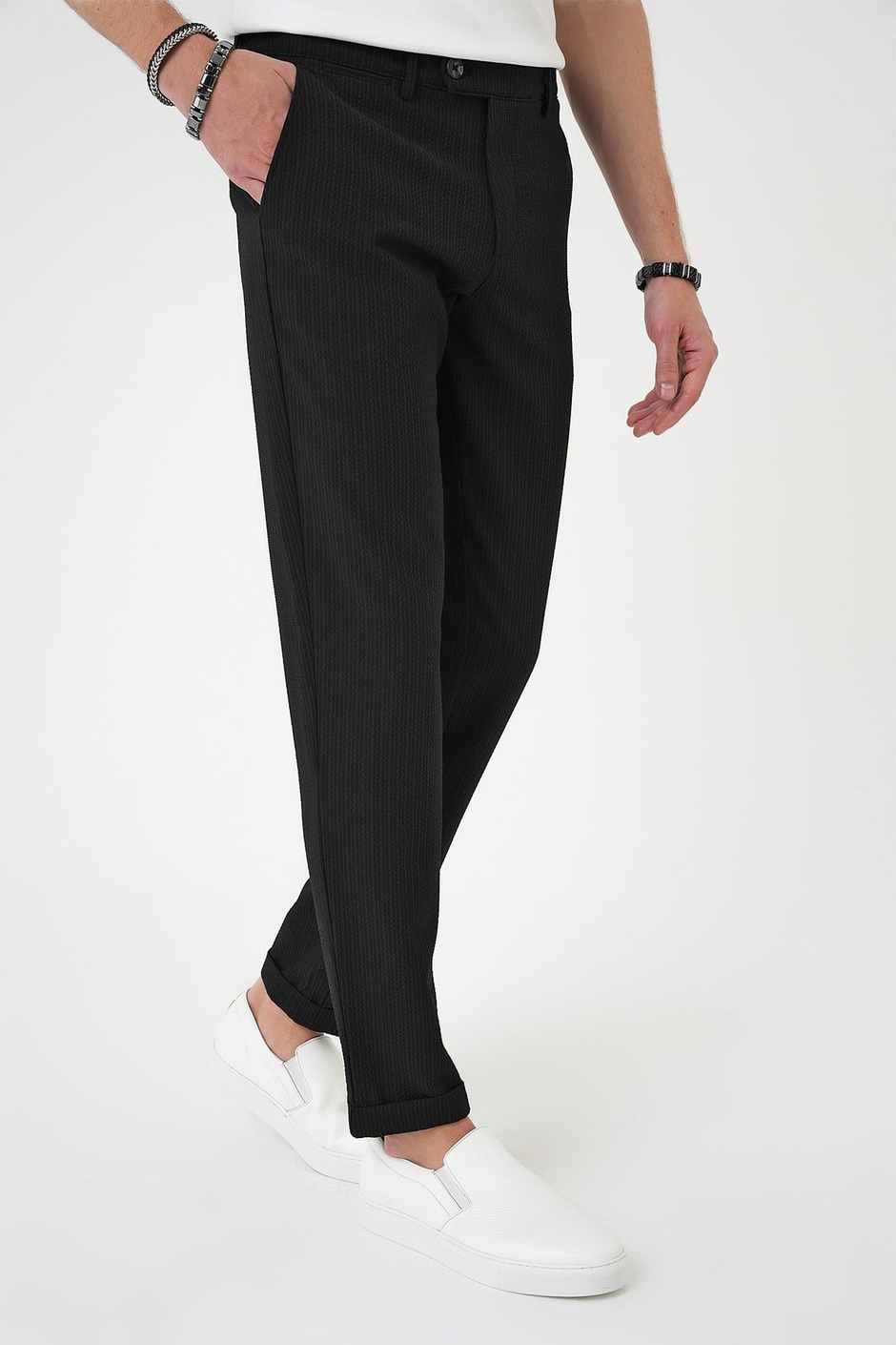 Comfort Fit Rahat Kalıp Gofre Dokulu Beli Lastikli Çizgili Siyah Jogger Pantolon P 1177